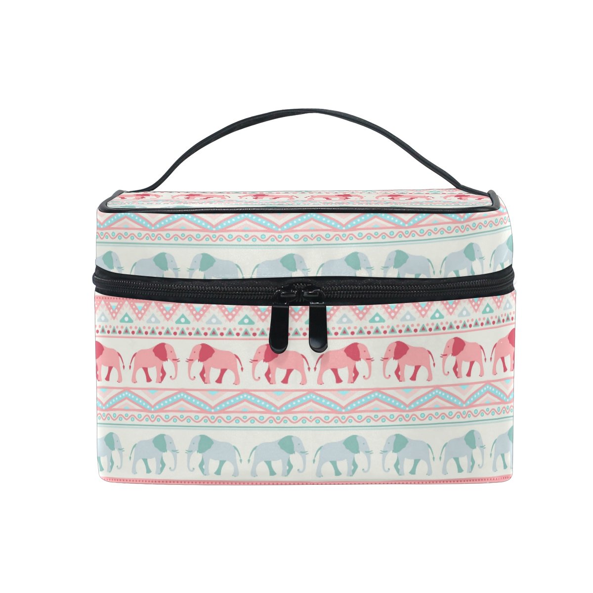Makeup Bag, Elephant Boho Print Cosmetic Toiletry Storage Large Travel Handle Personalised Pouch with Compartments for Teenage Girl Women Lady White Black