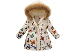 UWBACK Winter Coats For Girls Hooded Waterproof Floral Printed Kids Toddler Warm Snow Jacket