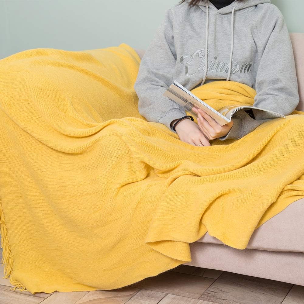 INSHERE Solid Gold Yellow Color Knitted Throw Blanket with Tassels Fringe Soft Cozy Comfy Warm Lightweight Fall Home Decor for Couch Chair Sofa Bedroom Living Room 51''x67'': Kitchen & Dining
