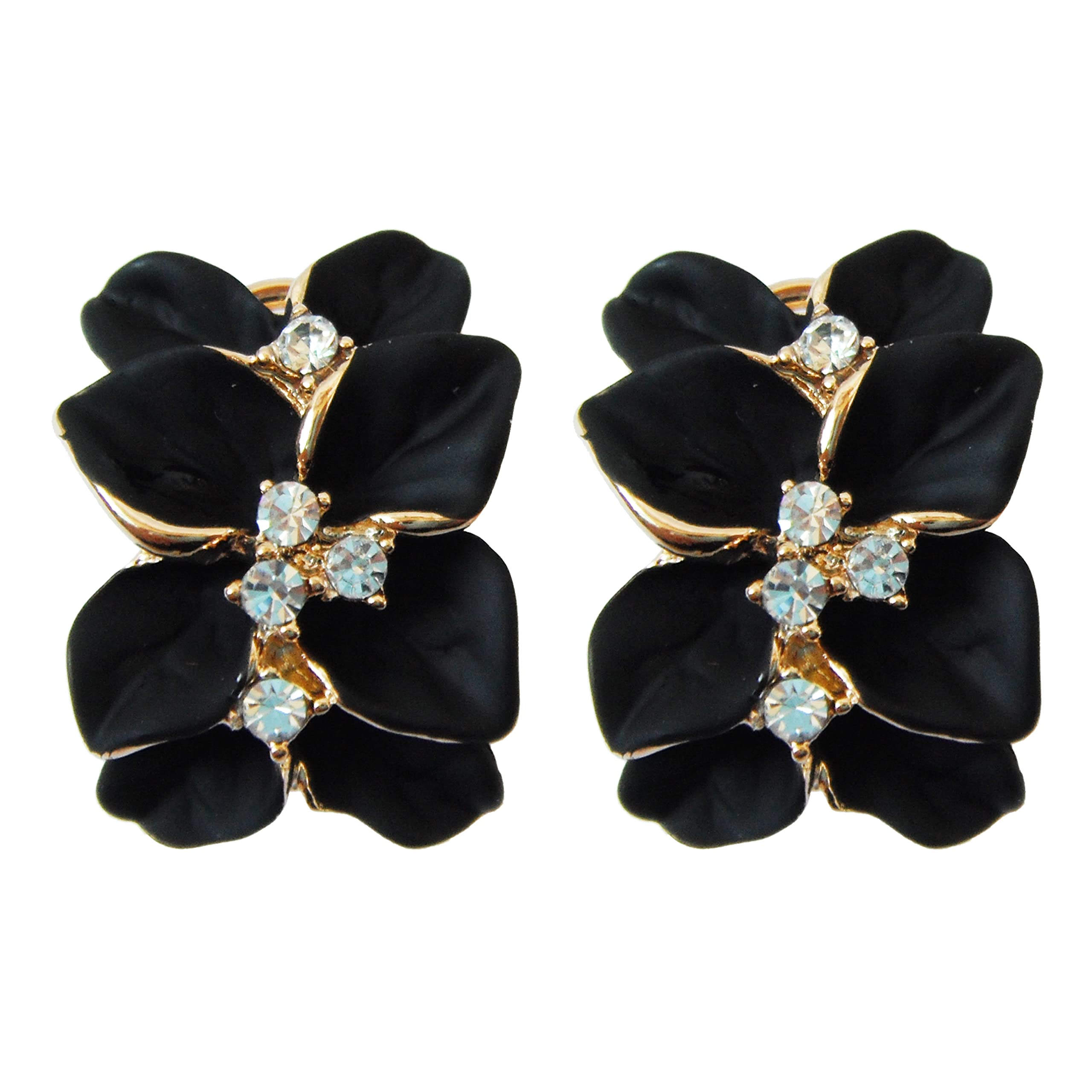Navachi 18k Gold Plated Crystal Black Enamel Leaves Flower Az1603e Omega Earrings