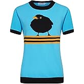 OXKNIT Women's Light Blue Knitted T-Shirt Short Sleeve, 1960s Mod Style Birds Pattern Crewneck Tops