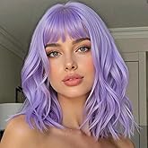 Miuric Lavender Purple Wig with Bangs Short Light Purple Wigs for Women Colorful Wavy Bob Wig Shoulder Length Women's Wigs Synthetic Heat Resistant Fiber Wigs for Cosplay Costume Party(14 Inches)