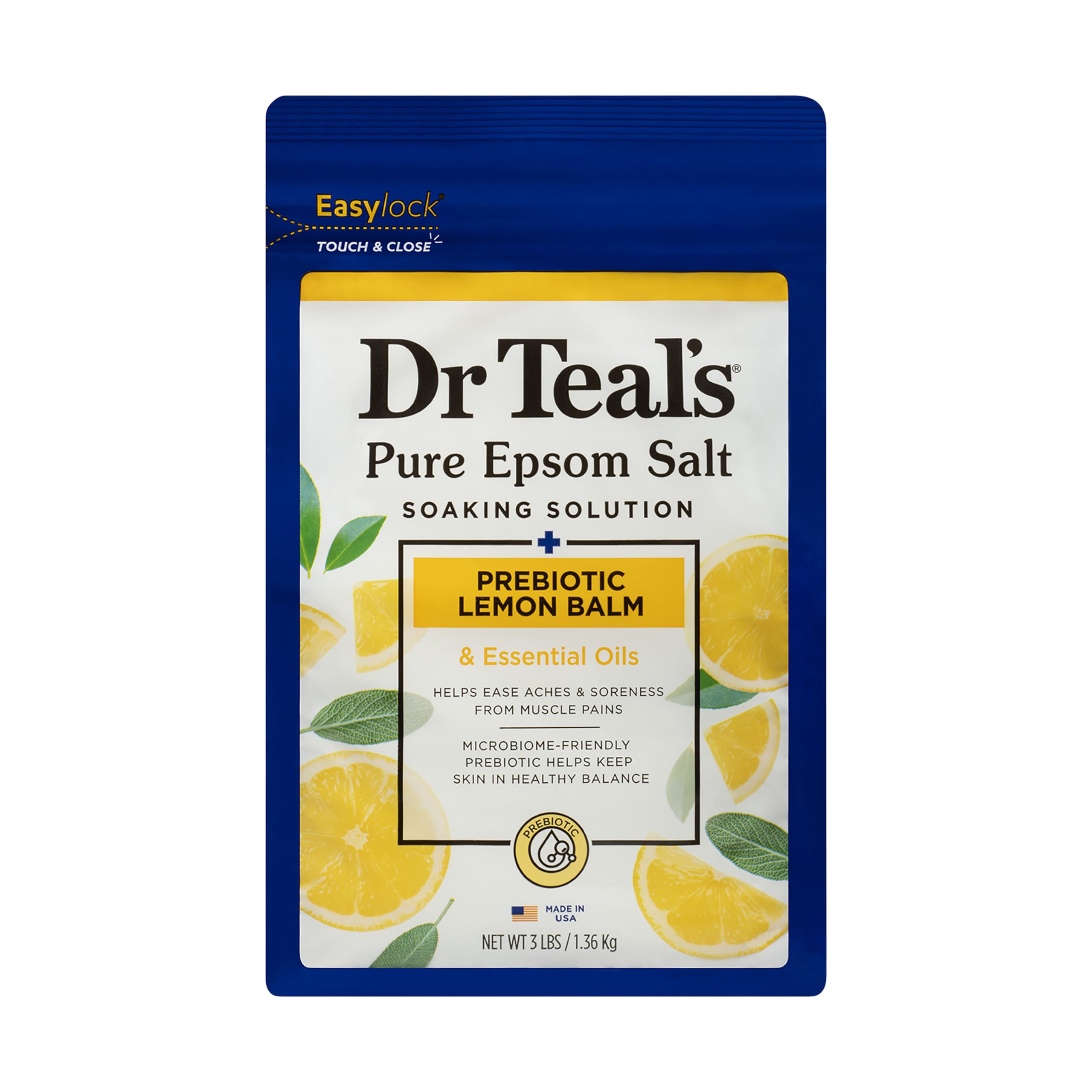 Dr Teal's Pure Epsom Salt Soaking Solution Prebiotic Lemon Balm with Essential Oils 3Lb 1.36Kg