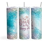 MRC Wood Products 20oz Skinny Tumbler The Beach Is My Happy Place - Stainless Steel Double Wall Insulated Cup With Lid And Straw
