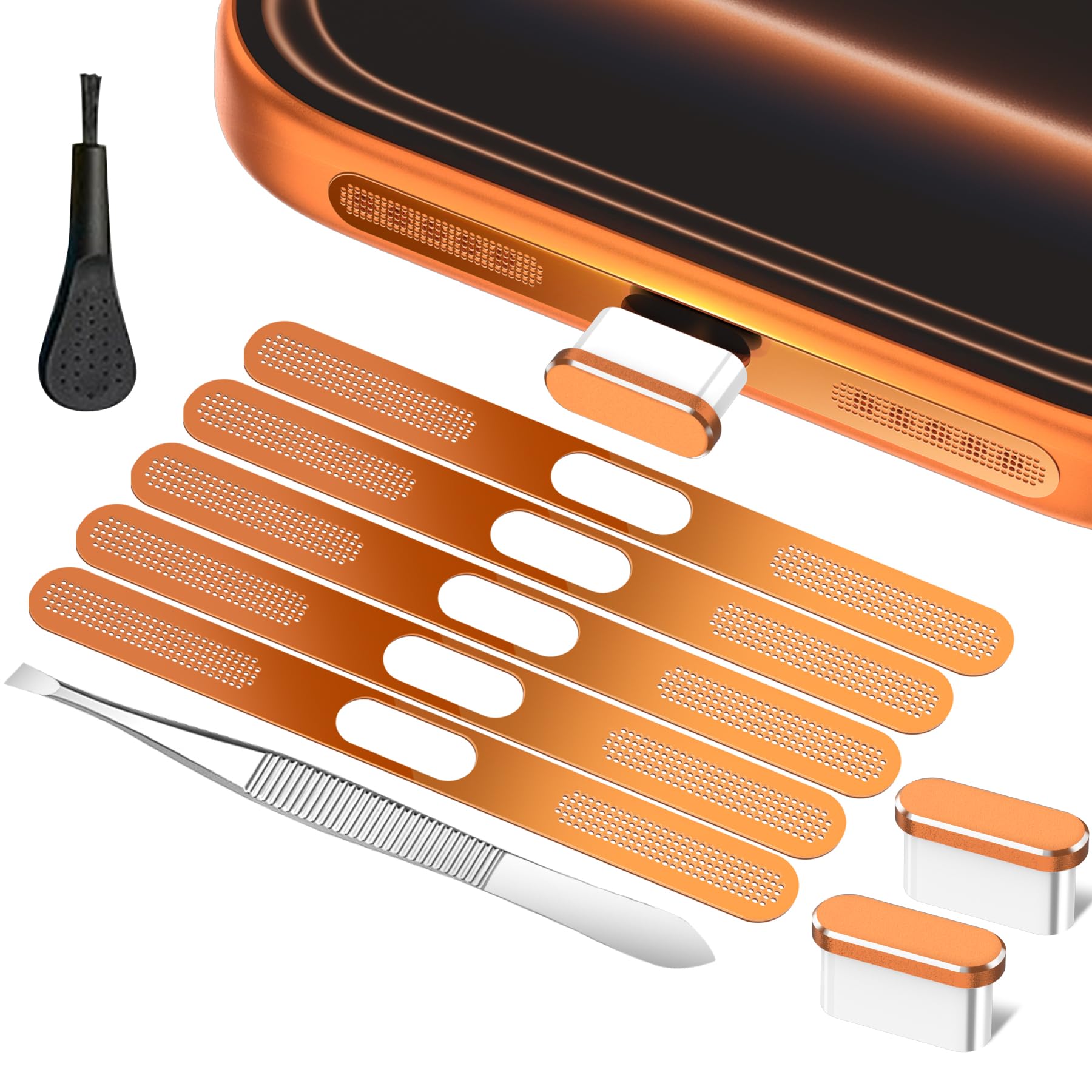 Speaker Protector Compatible with iPhone 17 Pro Max, USB C Dust Plug with Speaker Dust Cover, Metal Mesh, Cleaning Tools, Orange (Not for iPhone 17/17Pro)