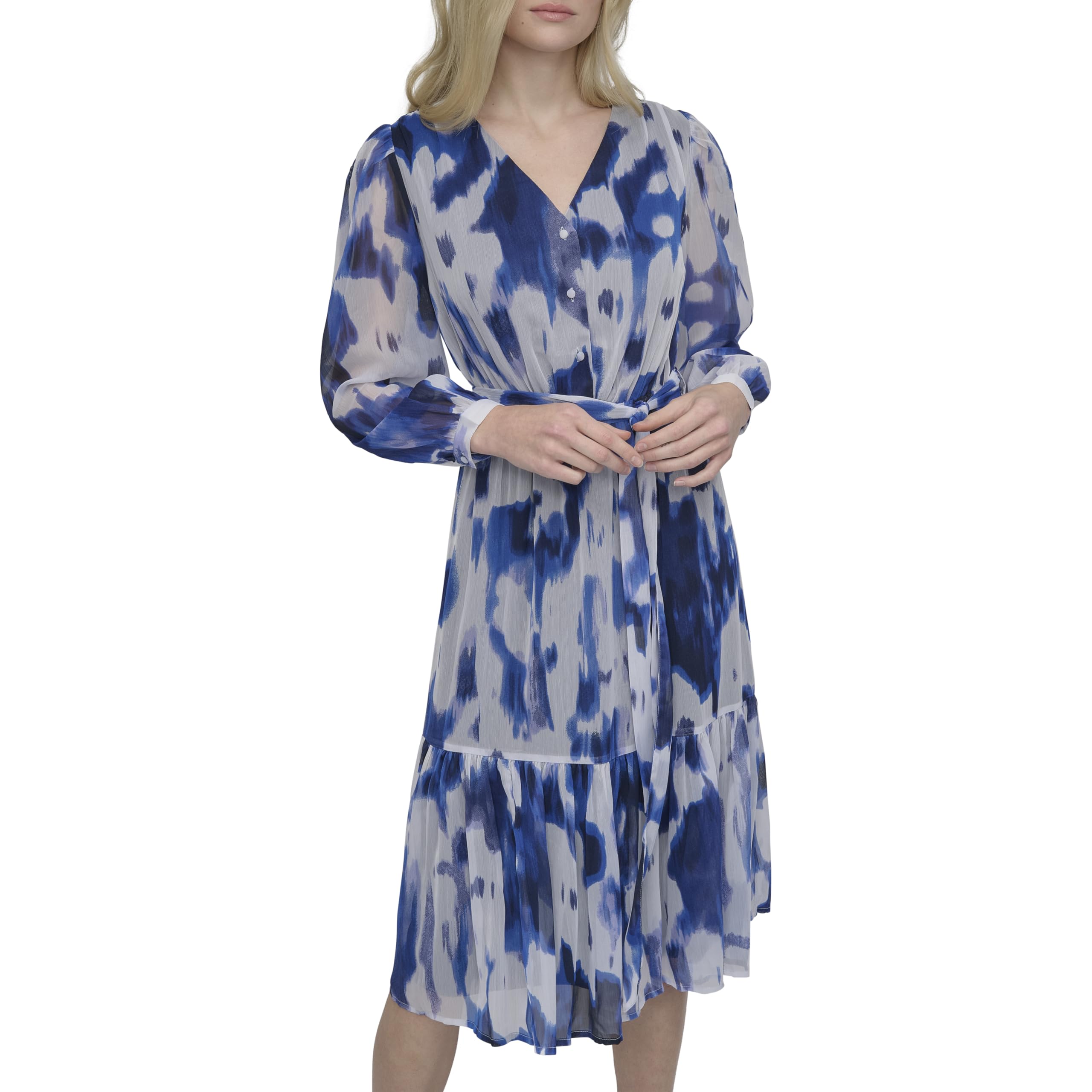DKNY Women’s Long Sleeve V-Neck Tie Waist Midi Dress, Blue Multi