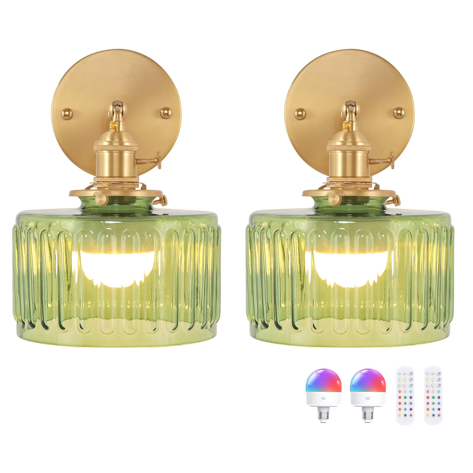 Photo 1 of Shenmoyl Vintage Battery Operated Wall Sconce with Green Striped Glass Lampshade 5000 mAh Rechargeable Battery Powered Wall Light with Remote Control for Bedside Bedroom Doorway, Set of 2