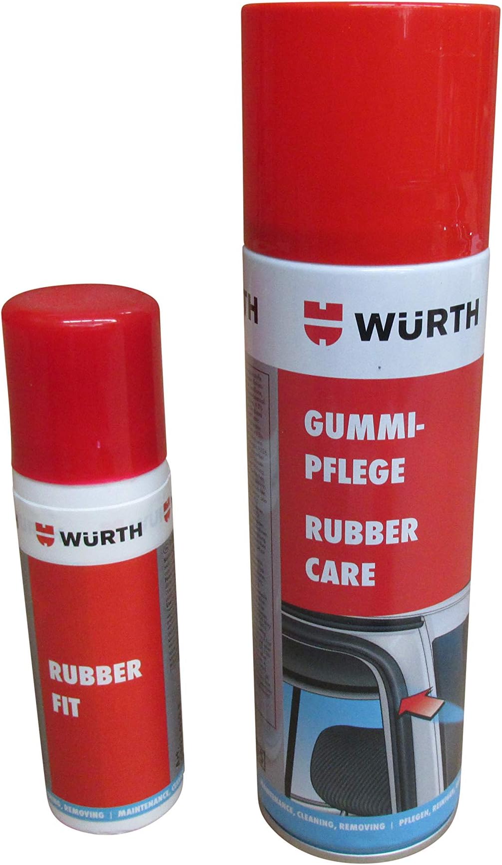 rubber care Wurth Stick plus aerosol for restoring door, boot, bonnet, sunroof, Convertible seals 75ml gummi fit plus 300 ml twin pack