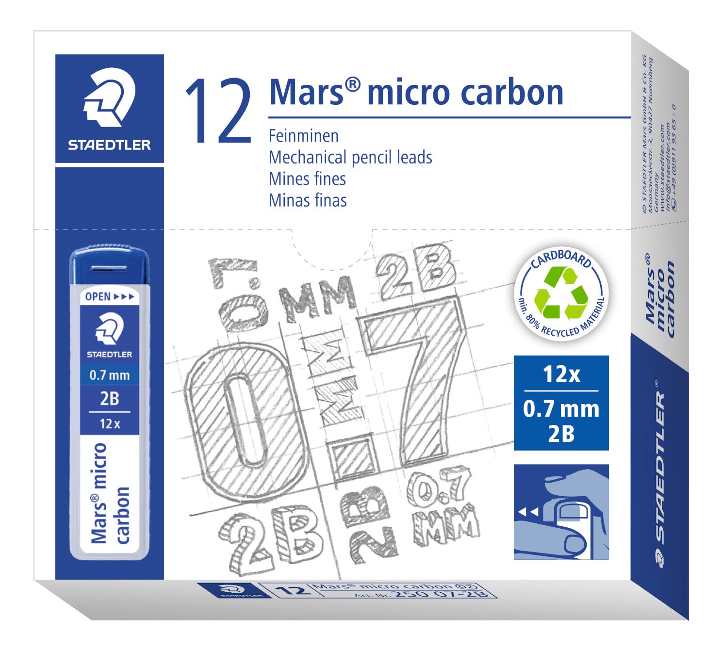 STAEDTLER 250 07-2B Mars Micro Refill Leads for Mechanical Pencils - 2B, 0.7mm (Box of 12 x Tubes of 12 Leads)