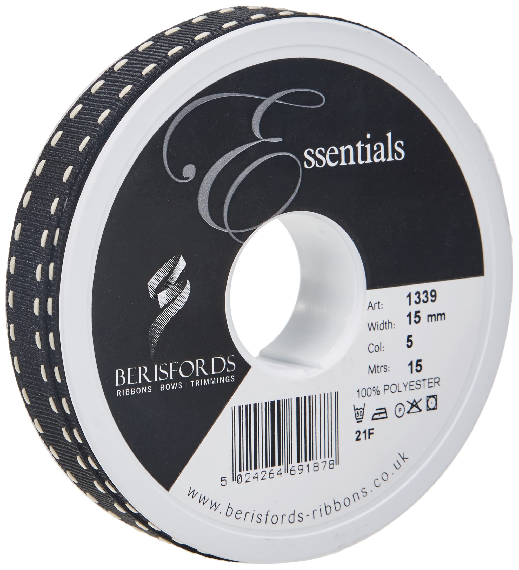 Berisfords 1339-BLIV-15 15 mm Stitch Grosgrain Ribbon, Black/Ivory