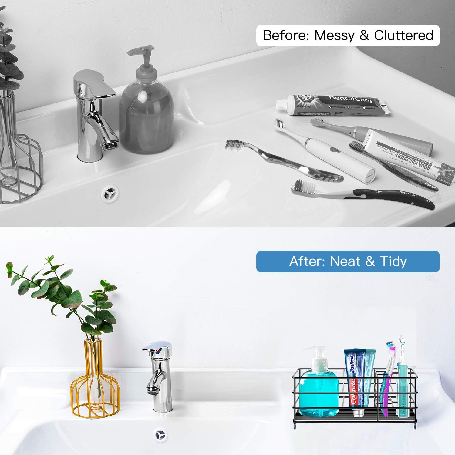 ULG Toothbrush Holder, Stainless Steel Bathroom Organizer Tooth Brush Toothpaste Holder with 7 Multifunctional Slots, Large Capacity Bathroom Organizer for Kids, Adults, Black: Home & Kitchen