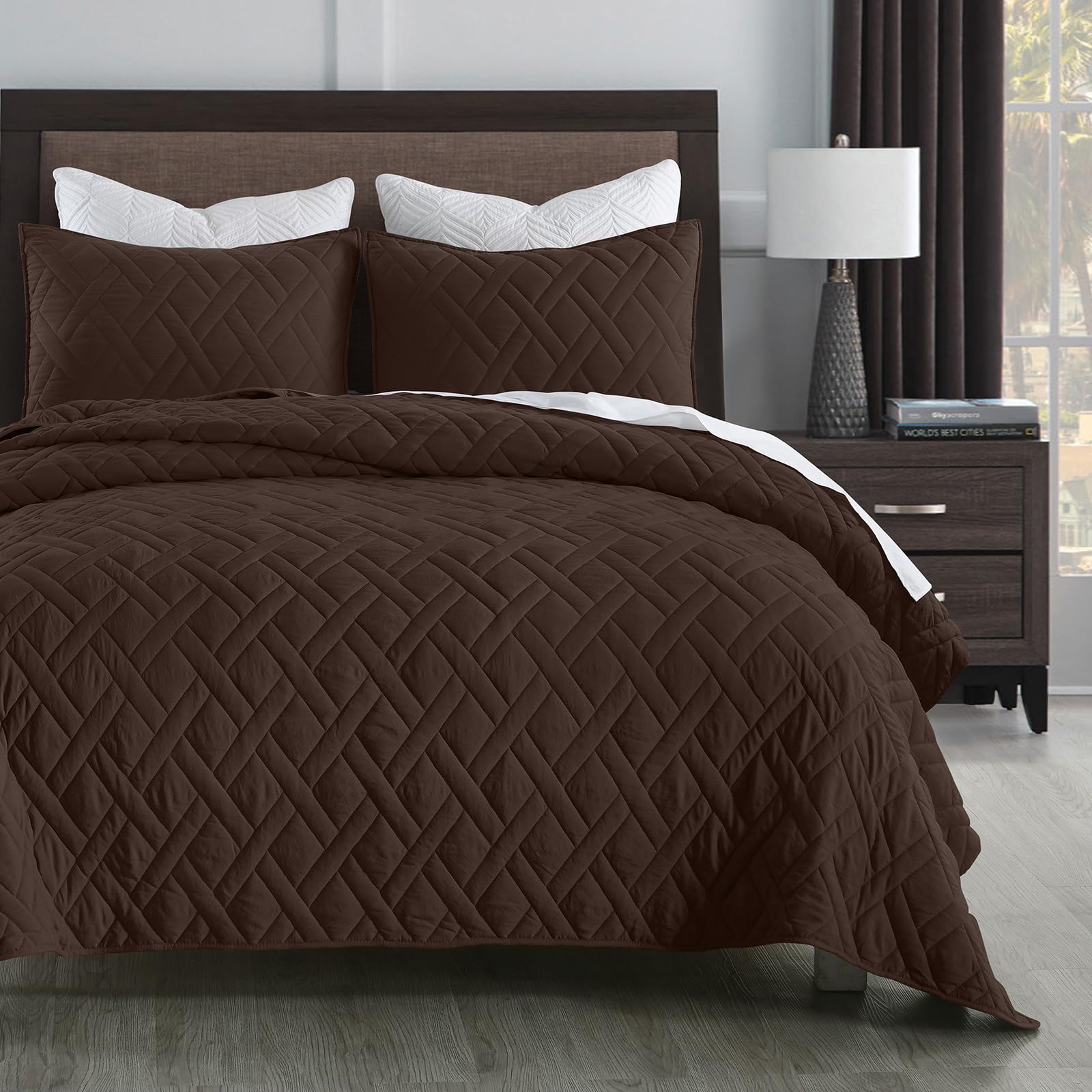 Photo 1 of HORIMOTE HOME Quilt Set King Size Chocolate, Classic Geometric Diamond Stitched Pattern, Ultra Soft Microfiber Lightweight Bedding Bedspread Coverlet for All Season with 1 Quilt 2 Pillow Shams