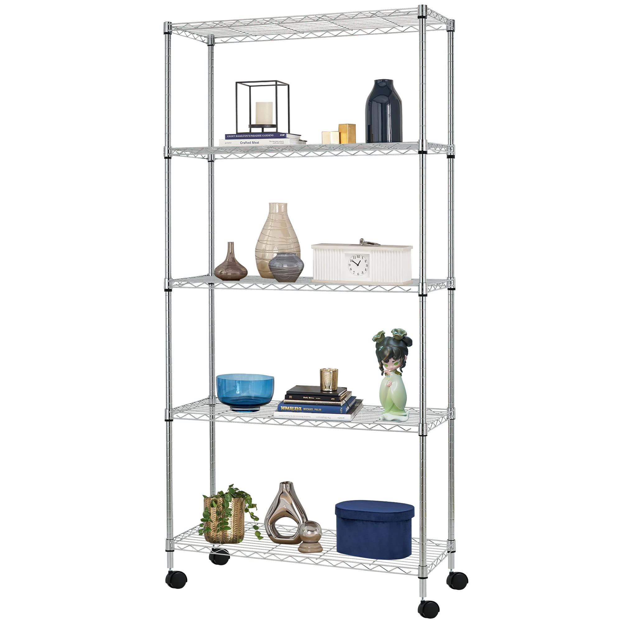 BestOffice | 5-Tier Wire Storage Shelves with Wheels | 14x30x60 | Chrome | Adjustable Racks | Heavy-Duty Metal Shelf, Holds Upto 220 lbs | No-Tool Assembly | Ideal for Home & Garage Shelving Image