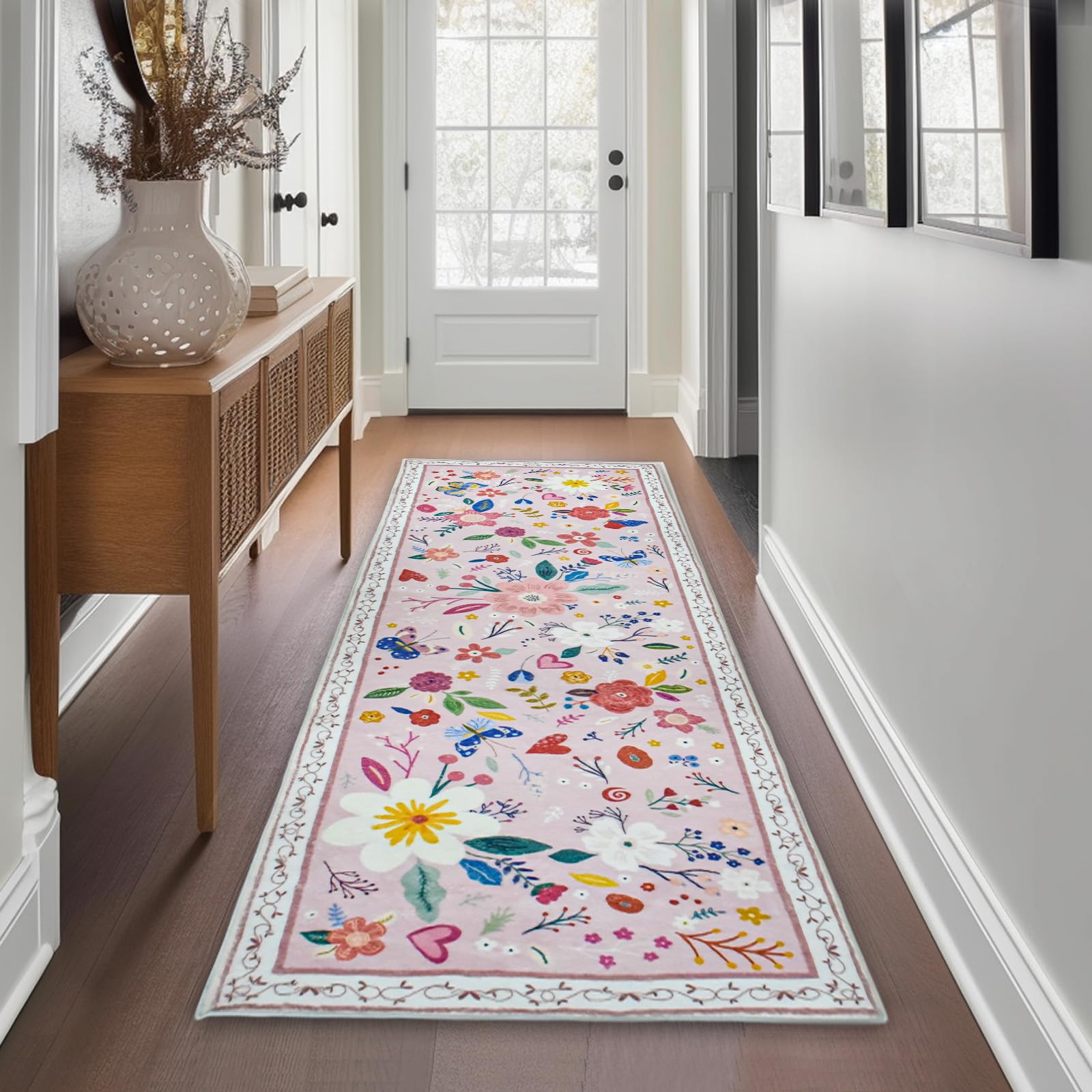 Avezano Carpet Runner for Hallway Non Slip 60x182cm Machine Washable Kitchen Laundry Room Floral Area Rug Runner Floor Door Mat Runner for Hallway Entryway Kitchen Laundry Room (Pink)