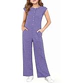 Haloumoning Girls Striped Jumpsuit Kids Summer Cap Sleeve Wide Leg Romper Button Down Outfits 5-14 Years