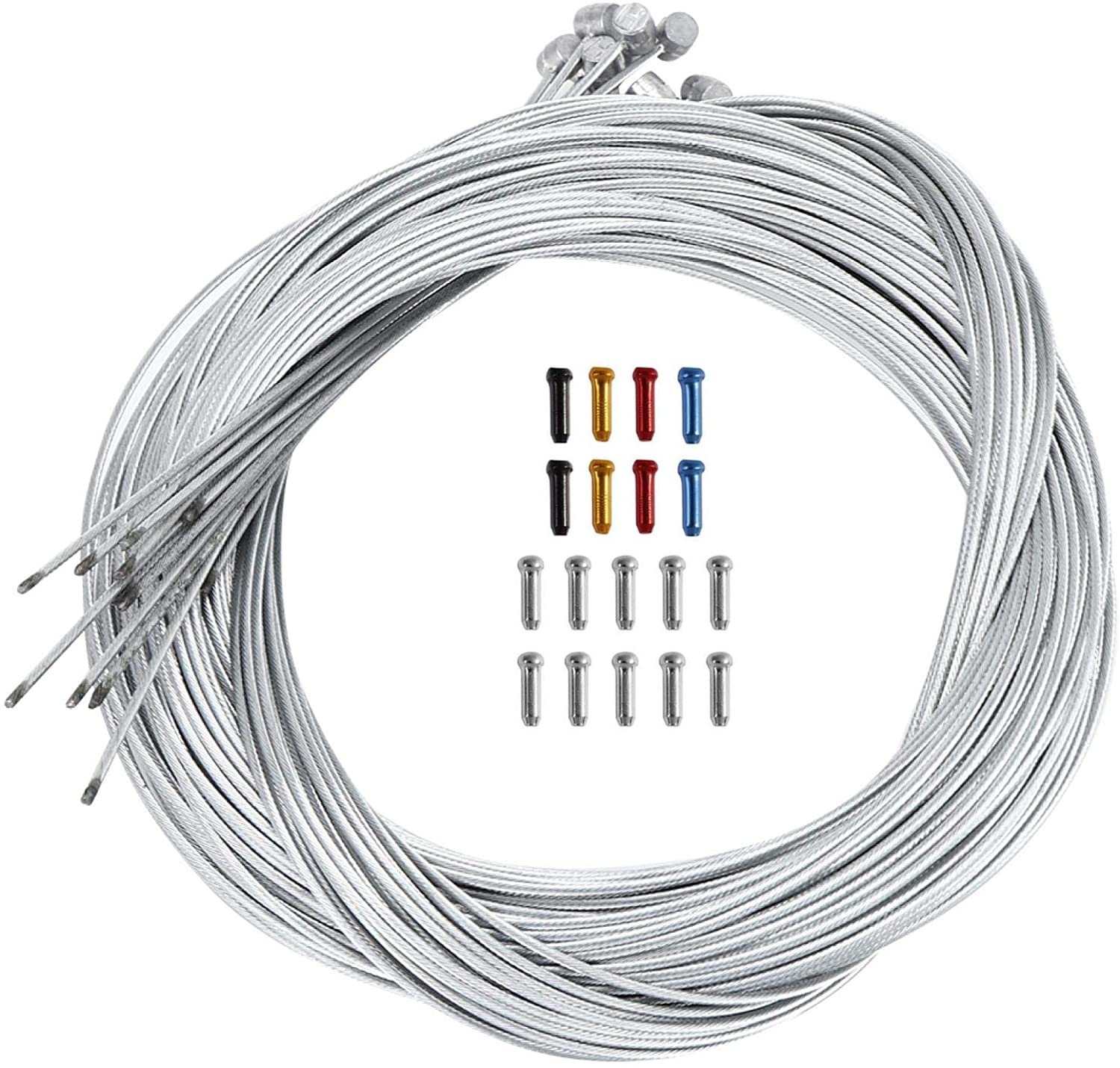 LATRAT 10 x universal bicycle inner brake cable set with 18 x end sleeves, 1.75 m bicycle brake cable for mountain bike, silver