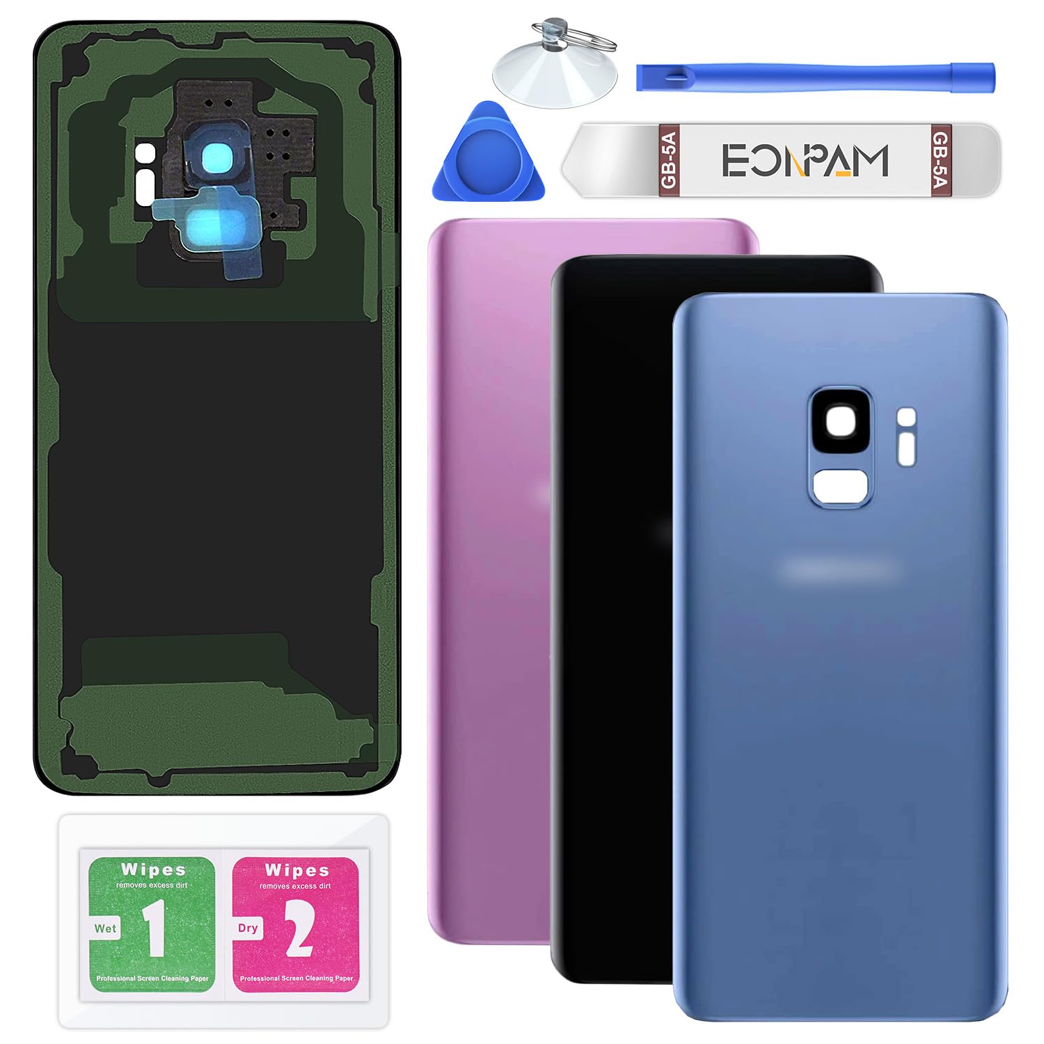 Eonpam Back Cover Glass for Samsung Galaxy S9 G960 Rear Glass Replacement with Camera Lens + Repair Kit Genuine Rear Housing (Blue)