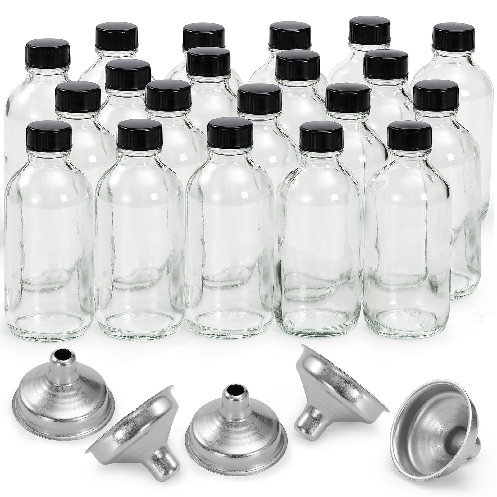 Photo 1 of 20 Pack, 4 oz Small Clear Glass Bottles with Lids & 5 Stainless Steel Funnels - 120ml Boston Sample Bottles for Potion, Juice, Wellness, Ginger Shots, Whiskey, Liquids - Mini Travel Essential Bottle