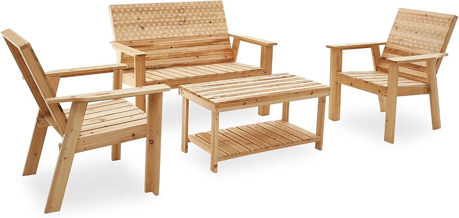 Amazon Com Patiofestival Patio Conversation Set Wooden Grain Outdoor Furniture Sets With Wide Armrest Star Pattern Back Chairs Coffee Table Garden Outdoor