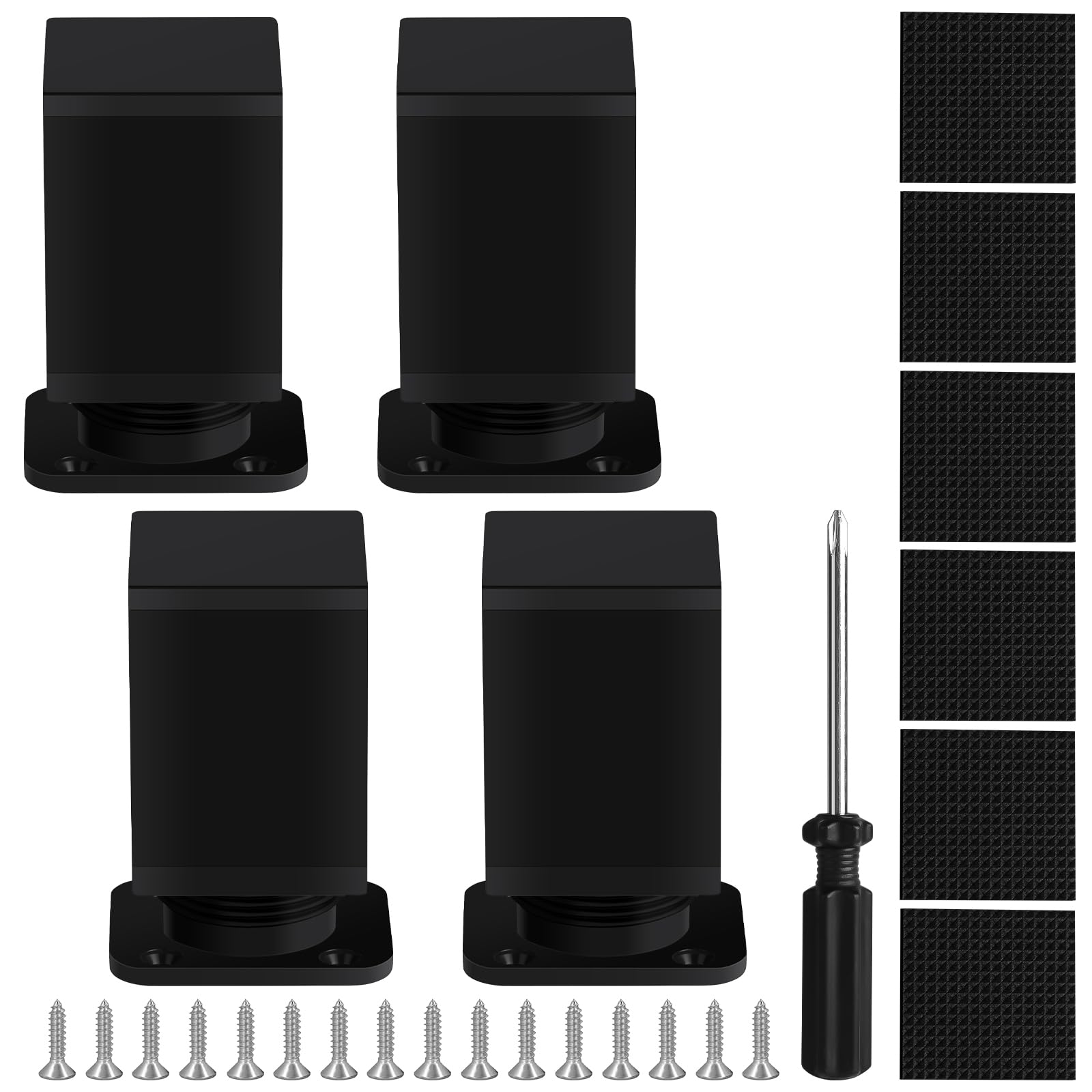 AUAUY Adjustable Cabinet Legs, 4 PCS Black Table Furniture Feet 60mm, Adjustable Height 0-20mm, Cabinet Legs with Screws Screwdriver and Non-slip Mat for Kitchen Cupboard Sofa Beds and DIY Furniture