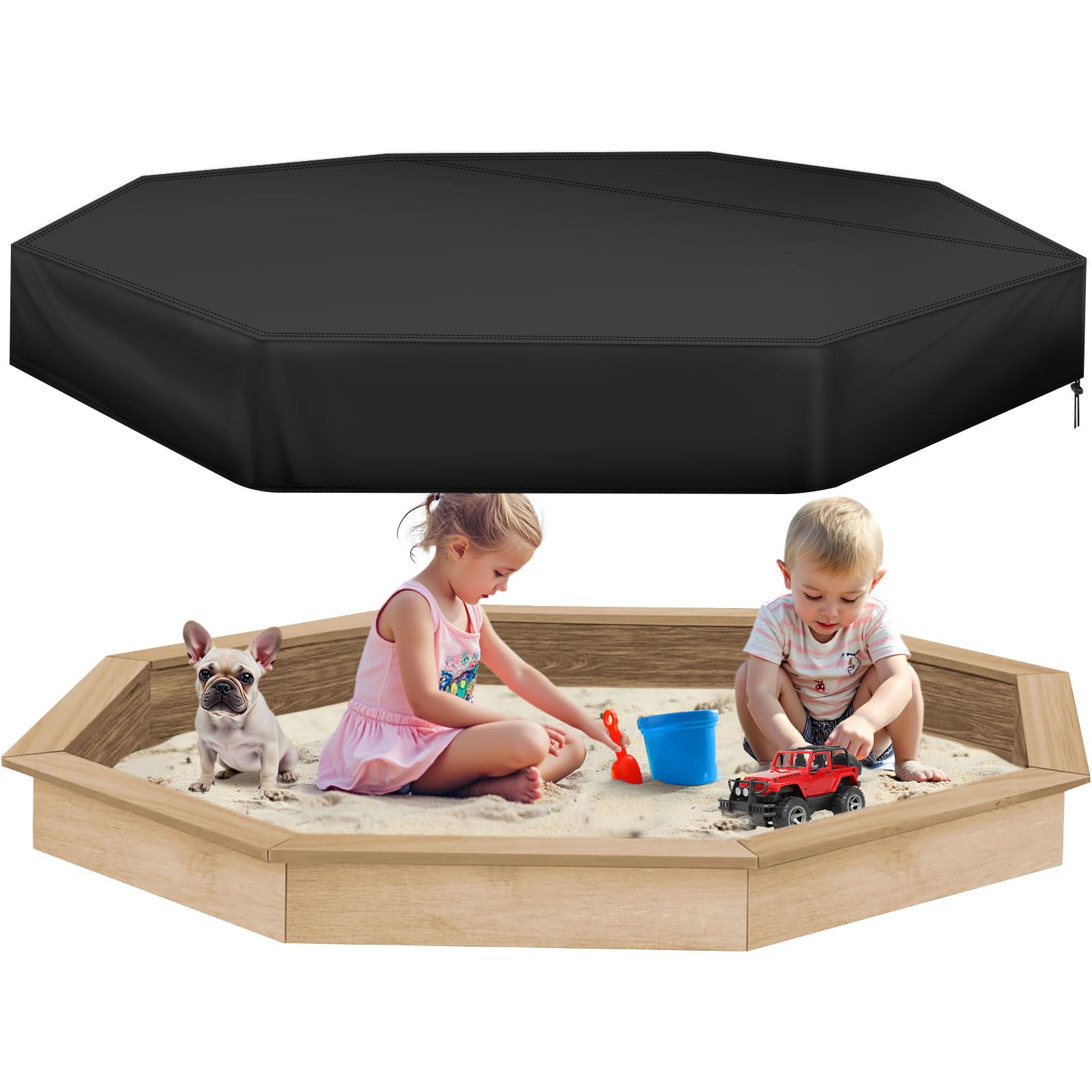 PATIO PLUS Octagon Sandbox Cover Square 214x198x23cm,420D Oxford Sandbox Cover for Sandpit and Furniture, Waterproof Protective Sand Box Cover with Drawstring BLSBC215-2BK