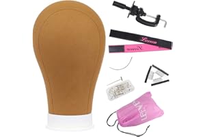 Leeven 21"-24" Wig Head With Stand for Making Wigs Canvas Block Head for Display Styling Brown Poly Canvas Block Wig Head for Wigs Mannequin Head with C-clamp Wig Cap Hair line T Pins 21 Inch