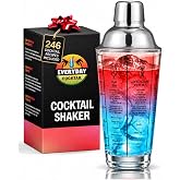 EVERYDAY COCKTAIL - Professional Glass Cocktail Shaker 14 oz, Martini Shaker with Recipes and Measurements, Built-in Strainer and Leakproof Seal, Clear Bar Tool for Margaritas, Martinis