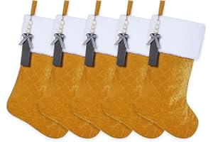 Shgngle Gold Velvet Quilted Personalized Christmas Stocking,19.5 Inch Fireplace Hanging Stockings with Blank Wooden Tags DIY Name,Family Holiday Decorations and Xmas Gift(Gold 5Pcs)