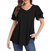MONNURO Women's Plus Size Tops V-Neck Ruffle Short Sleeve Casual Blouse 2026 Trendy T-Shirt Loose Fit Womens Summer Tops