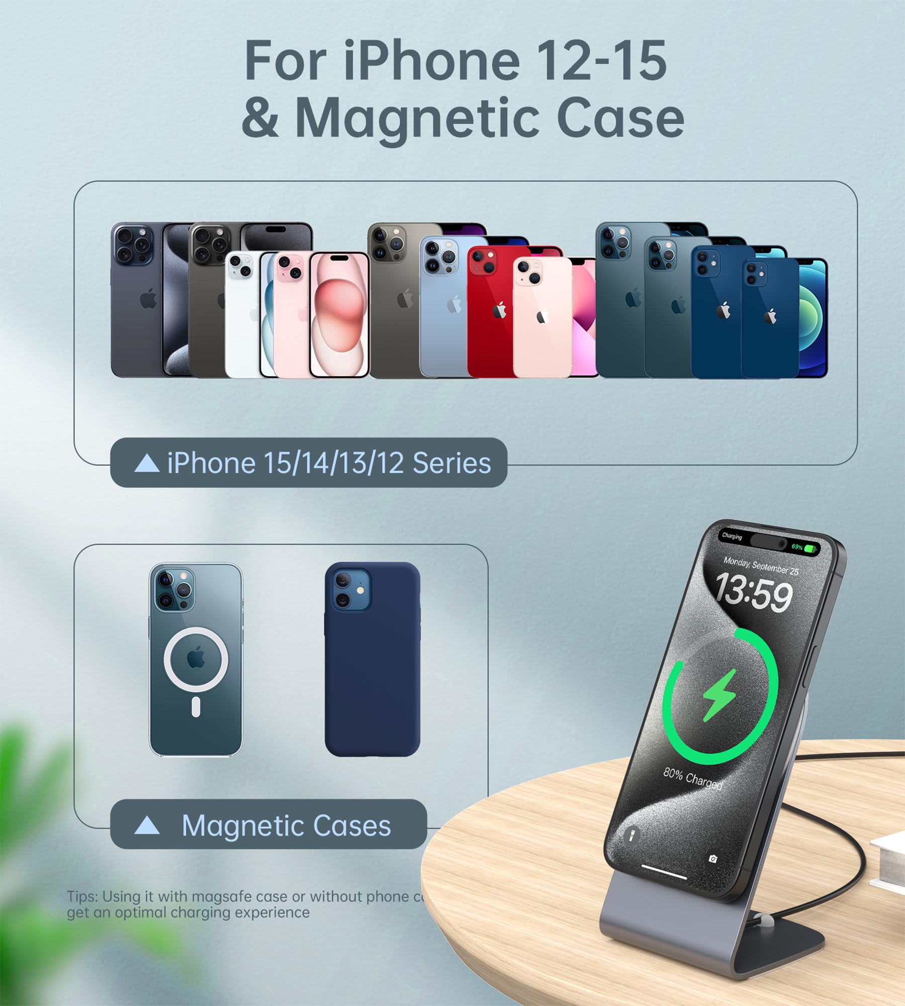 Magnetic Wireless Charger for iPhone 16/15/14/13/12 - Mag Charger+20W USB C Adapter, Fast Wireless Charging Stand/Pad with 5ft Cable for iPhone 16/15/14/13/12 Pro Max Plus Mini,Mag-Safe Charger-Gray