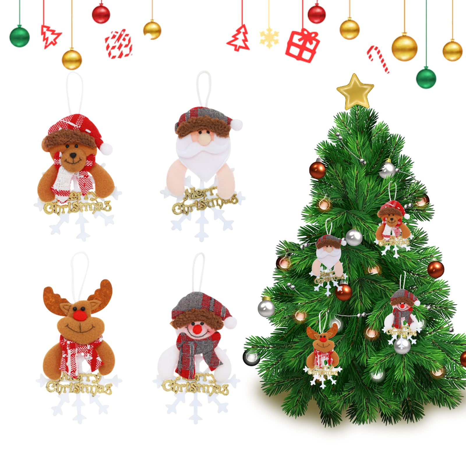KASESSS 4 Pcs Christmas Tree Decorations, Christmas Decorations, Big Snowflake Christmas Ornament Hanging, Father Christmas, Snowman, Elk, Bear Doll Charm, Holiday Xmas Party Decorations for Kids