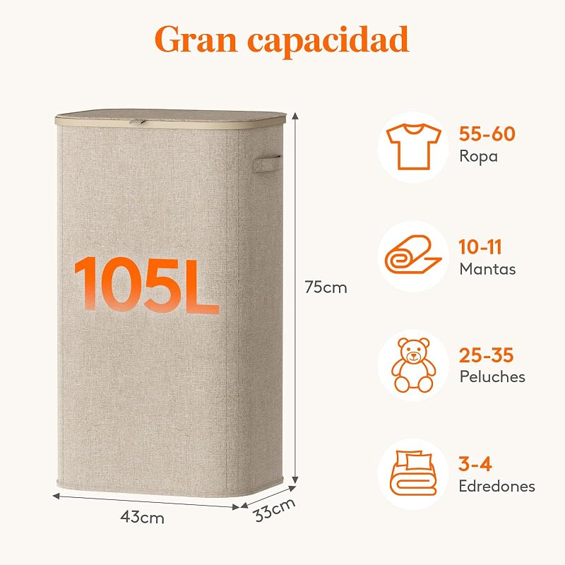 Cesto da roupa suja, cesto dobrável com saco e pega removíveis, balde de roupa com tampa, cesto de roupa para quarto, casa de banho, lavandaria, quarto, 105 L, bege