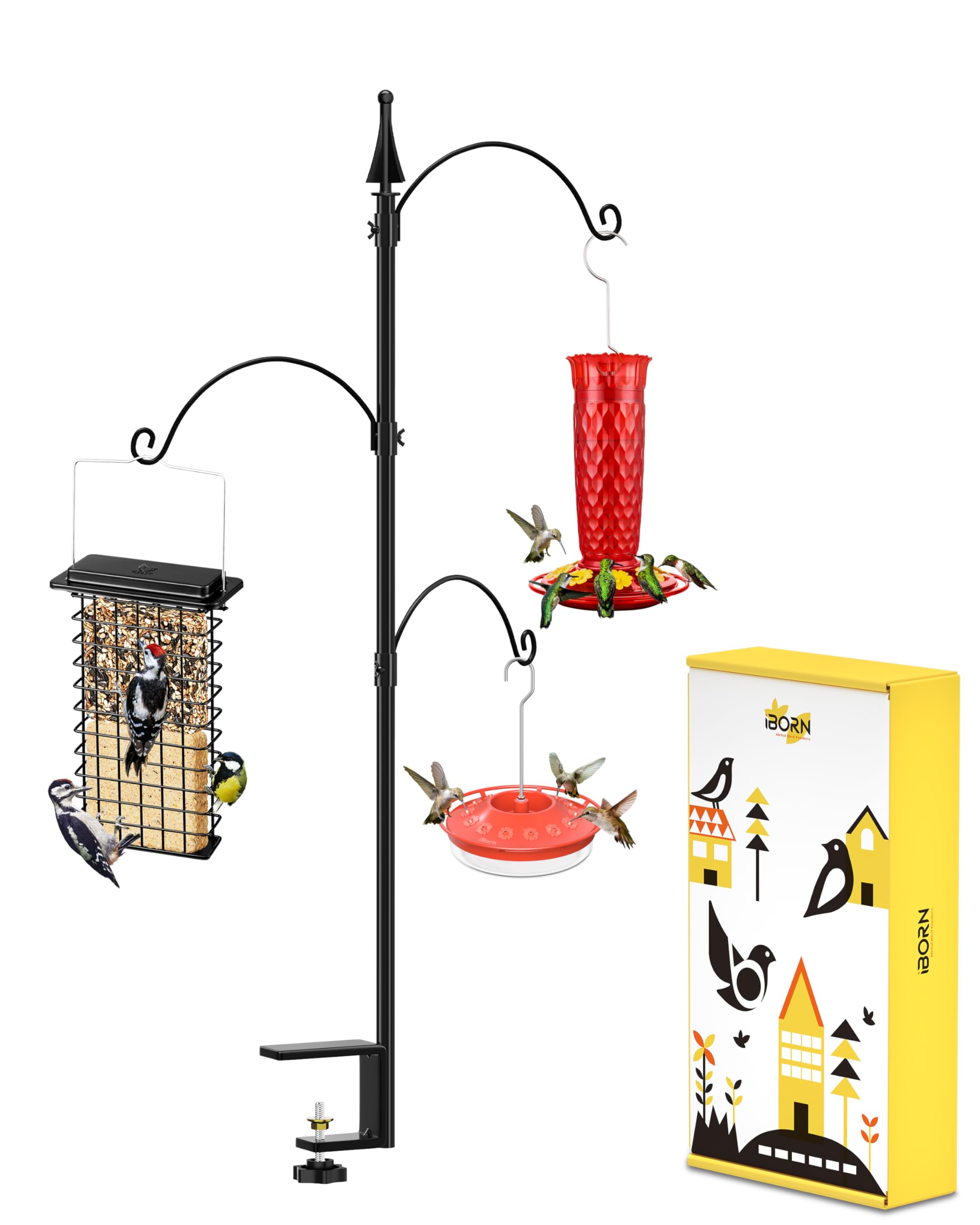 iBorn Deck Bird Feeder Pole Balcony Clamp, Three Adjustable Shepherds Hooks For Outdoor, Garden,Patio,Deck,Fence,Attracting Wild Bird Feeder Planter Hanger (Feeders are not included）