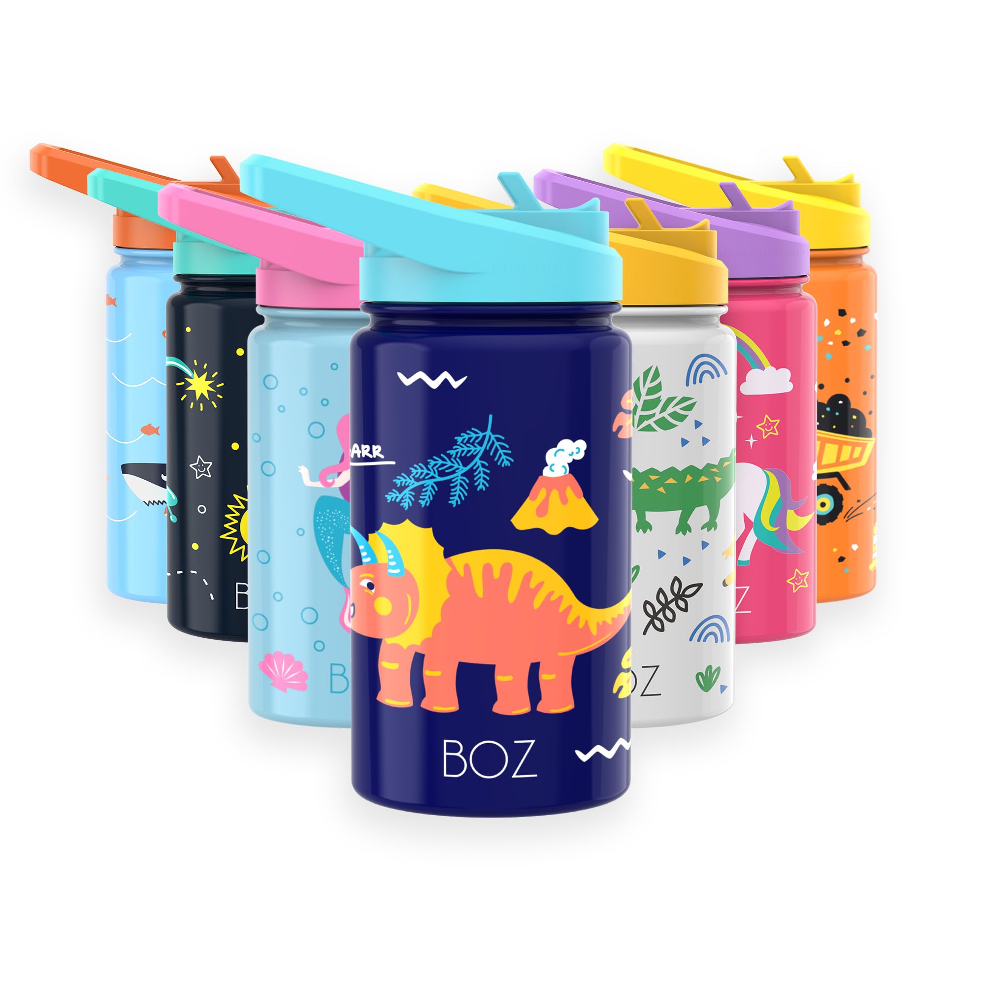 BOZ Kids Water Bottle for School with Straw Lid, Stainless Steel Insulated Water Bottle for Kids, Toddler Water Bottle, Leak Proof Bottle 414 ml (Dinosaur)