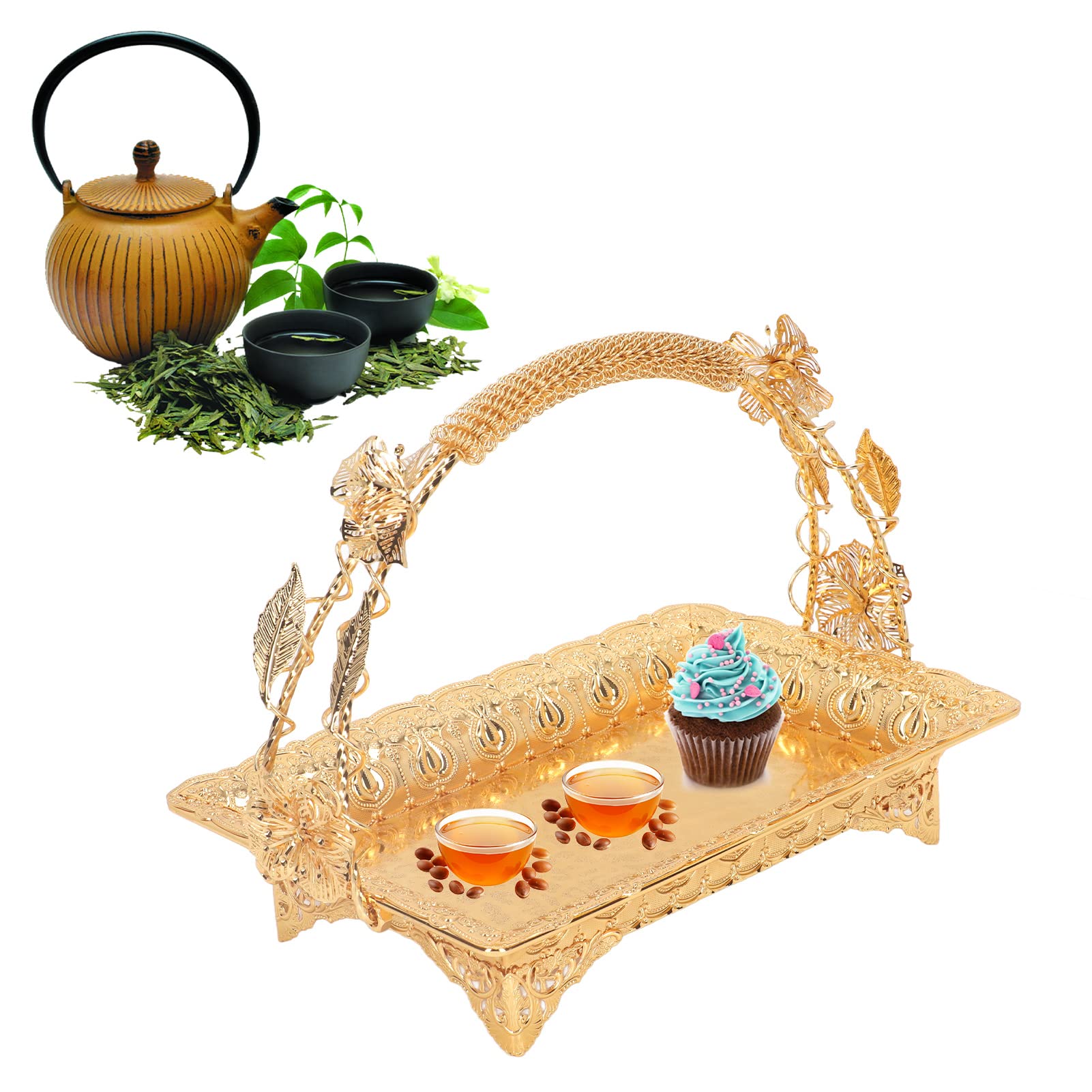 Vintage Style Gold Serving Tray with Handles, Metal Rectangular Countertop Tray for Home, Bar, Cafe