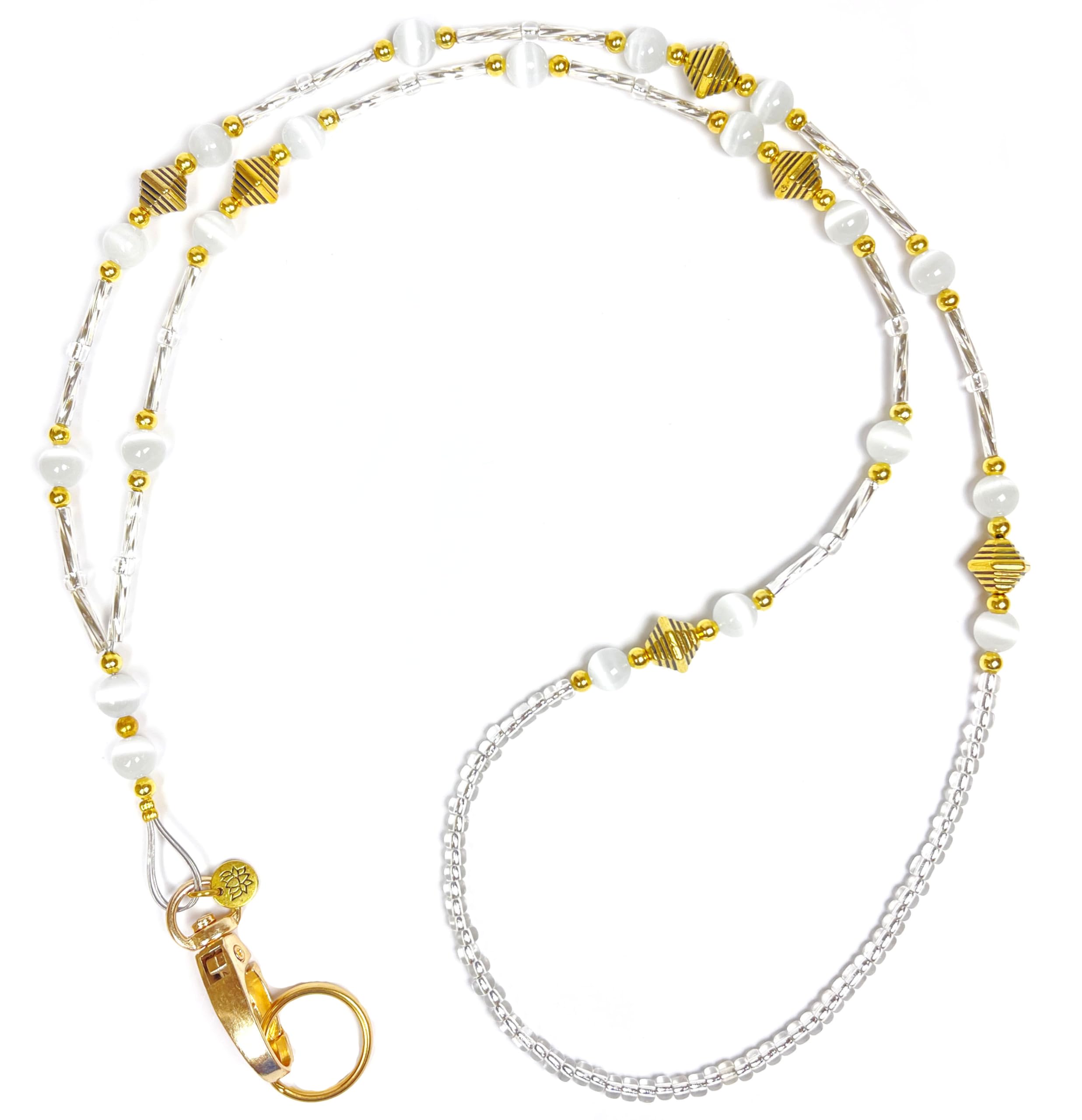 SUPER SLIM Style Fashion Women's Beaded Lanyard 34, Breakaway and Non breakaway available, For Keys, Badge Holder (GOLD Super Slim White - NON Breakaway( Stronger ) by Hidden Hollow Beads