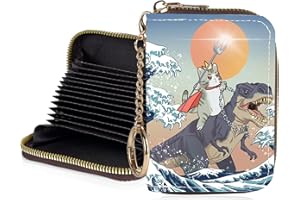 Luoycxy Credit Card Holder for Women,Small Rfid Wallet with Keychain Zipper,Cute PU Leather Card Case Wallet，Accordion Credit Card Wallets Gift,Cats and Dinosaurs