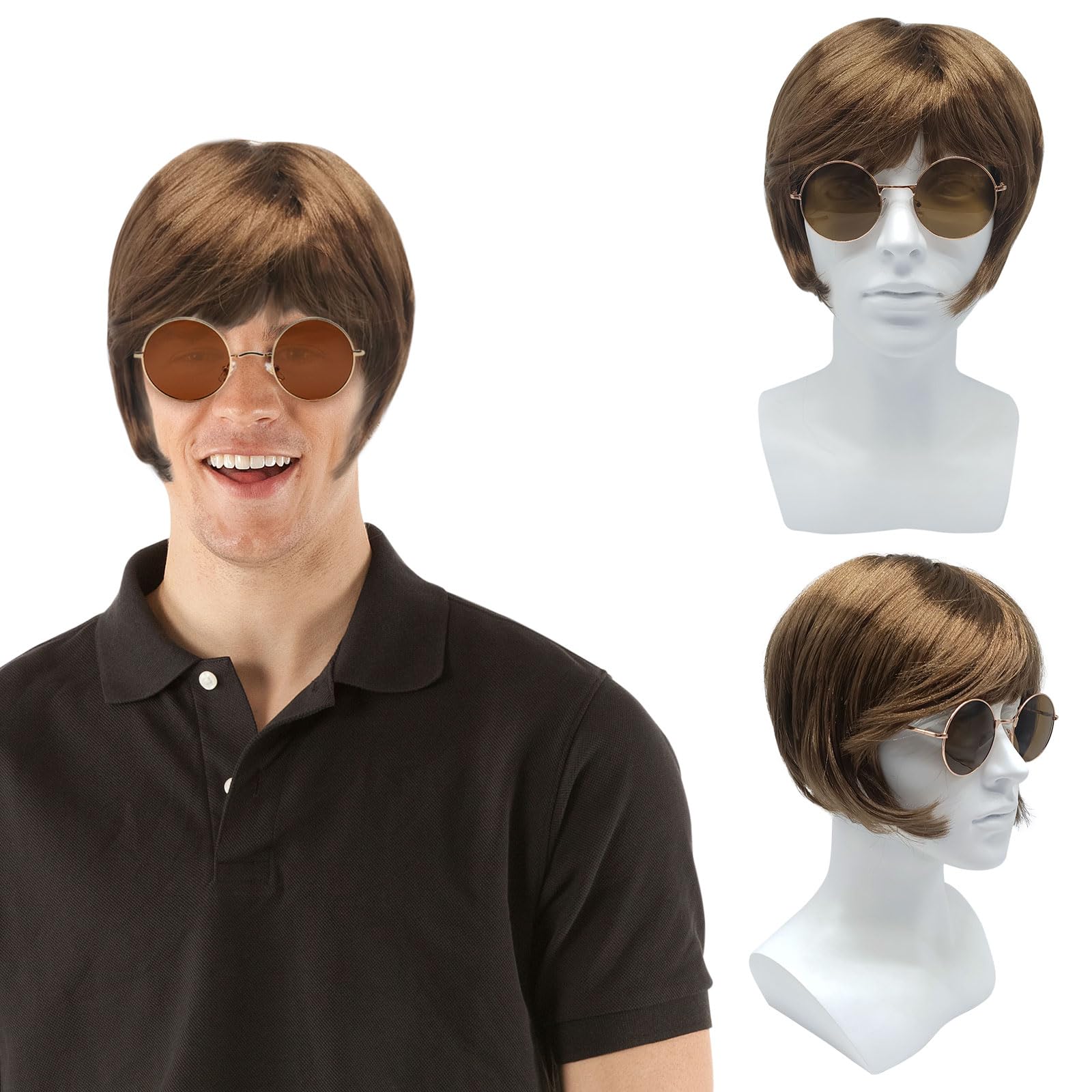 UILYNIU 70's Heartthrob Wig With Sunglasses, Mens Adult Boyband Rock Wigs, Brown Male Wig, Pop Hippy Britpop 1970s Dress Up Wigs, Fancy Dress for Theme Party Costume 60s 70s 80s (Brown)