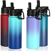 Volhoply 18oz Insulated Water Bottle Bulk 4 Pack,Kids Stainless Steel Water Bottles with Straw,Double Wall Vacuum Reusable Metal Bottle,Wide Mouth Sports Flask For Cold Drink(Assorted,4 Set)