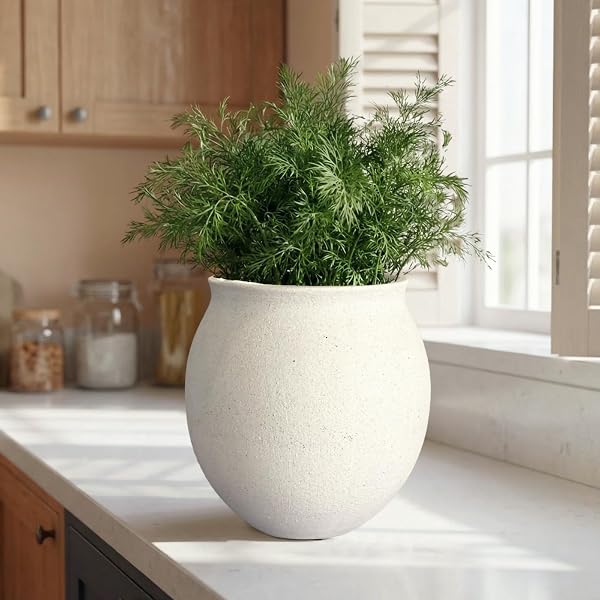 KAYOLIN ROUND WIDE MOUTH WHITE CERAMIC VASE -9.7″ LARGE FLOWER POT WITH DRAINAGE HOLE FOR INDOOR PLANTS, GRAVEL TEXTURED CREAM WHITE VASE & PLANTER FOR HOME DECOR