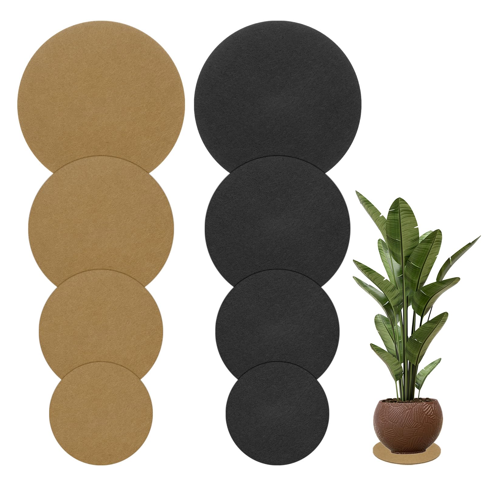 M METERXITY 16-Pack Felt Plant Coasters, 4/6/8/10 Inch Round Felt Coasters Plant Mats for House Plants Indoor/Waterproof Felt Pads for Plants/DIY Cork Pads [Black+Brown]