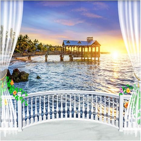 Amazon Xbwy 装飾壁画 カスタム写真壁紙3dバルコニー美しい海の景色日の出壁画リビングルームベッドルームカフェレストラン背景 1x100cm 壁紙