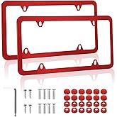 Alpmosn 2PCS Stainless Steel License Plate Frames, 4 Holes Car Licence Plate Covers with Screws Washers and Caps, Car Exterior Accessories, License Plate Holder for US Vehicles (Red)