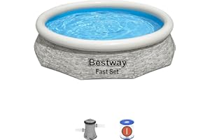 Bestway Fast Set 10' x 26" Inflatable Stacked Stone Design Outdoor Above Ground Backyard Swimming Pool Set with Filter Pump, Gray