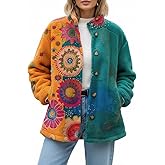 Akivide Women's Winter Casual Cute Floral Fleece Jacket Oversized Soft Warm Fuzzy Button Sherpa Coat