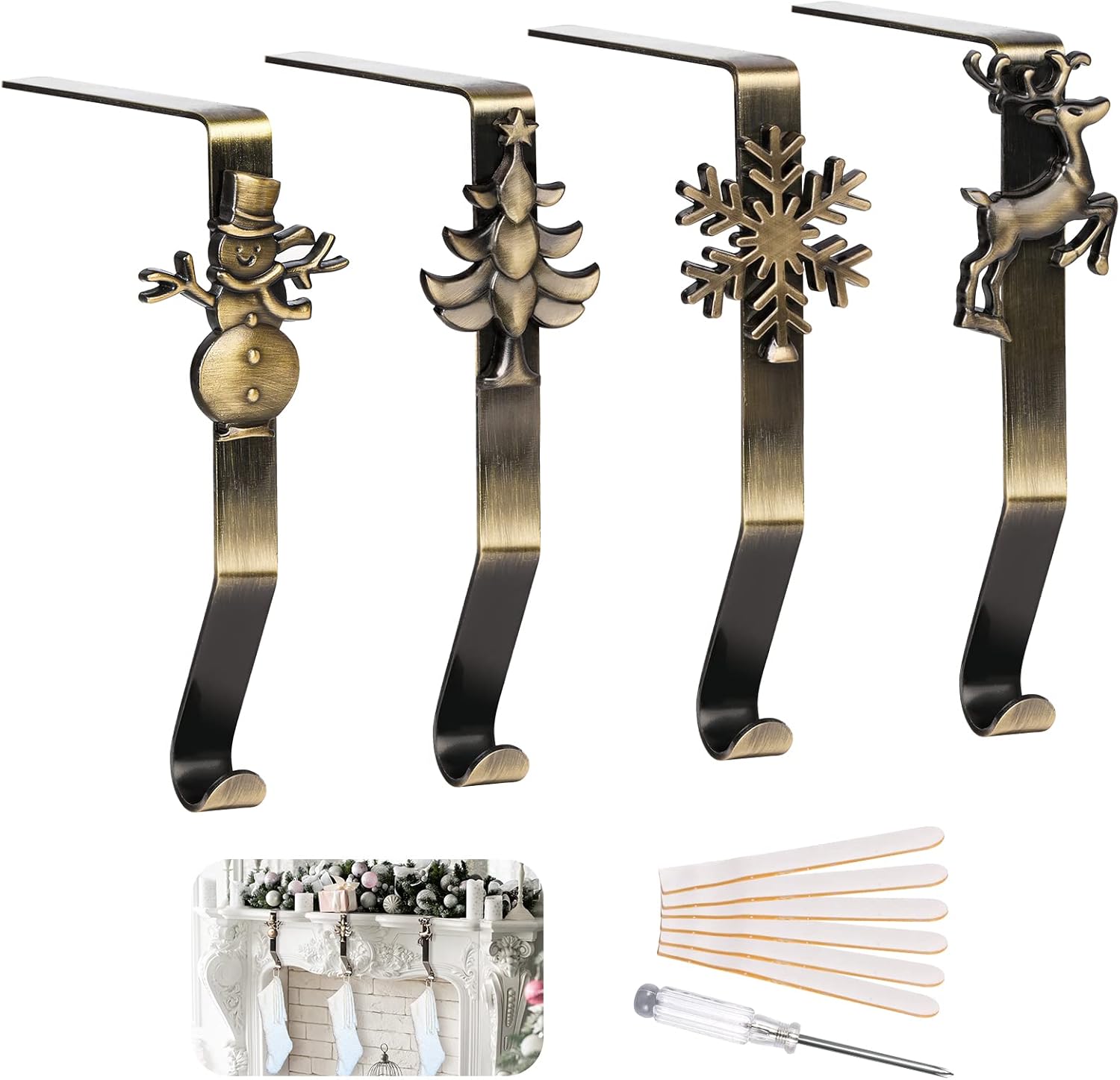 Ornament Hooks - Nelyeqwo Christmas Stocking Holders for Mantle Set of 4 Heavy Duty Damage Free Stocking Hangers with Non-Slip Strips Mantle Fireplace Stocking Hooks for Christmas Party Decoration Bronze