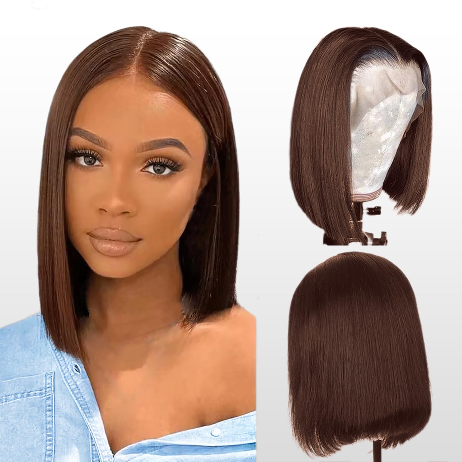 Lace Front Bob Wig Human Hair 13X4 Brazilian Virgin Wig Human Hair 150% Density Short Straight Bob Wigs Natural HD Transparent Chocolate Brown Color 14 Inch