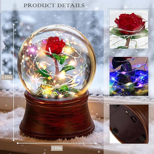 Rose Snow Globe Music Box, Preserved Red Rose Flower Musical Snow