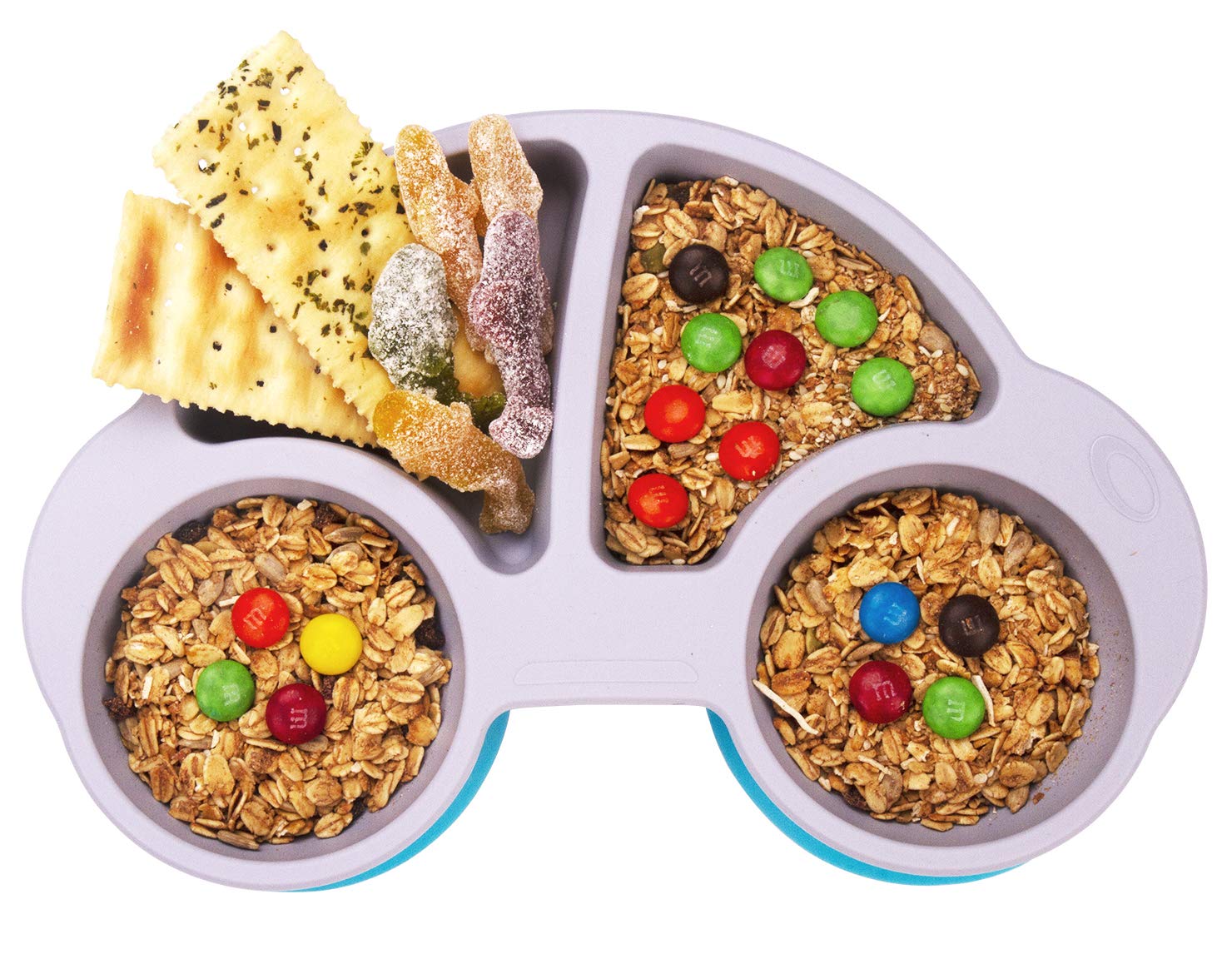 Silicone Divided Toddler Plates - Portable Non Slip Suction Plates for Children Babies and Kids BPA Free FDA Approved Baby Dinner Plate with Spoon Fork (New Car Gray)