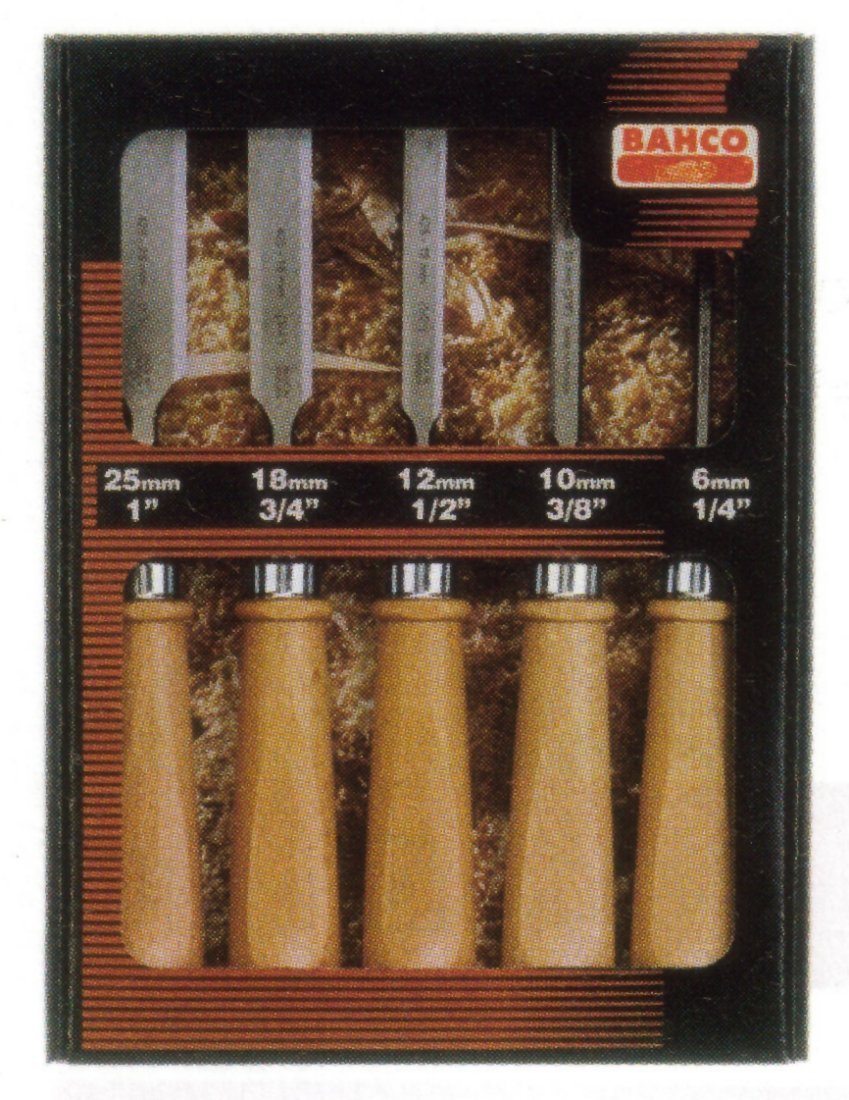 Bahco 425-082 Chisel with Wooden Handles, Silver/Brown, 6/10/12/18/25 mm, Set of 5 Piece